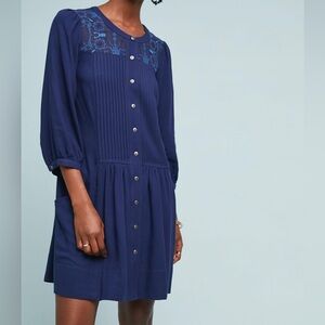 Women’s Anthropologie Dubois blue embroidered button down tunic dress size 4